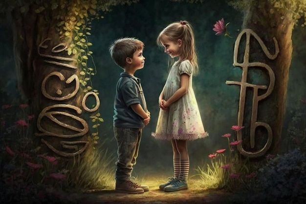 Una pintura de un niño y una niña mirándose