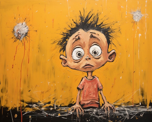 Pintura de un niño con el pelo de punta y una camisa roja ai generativo