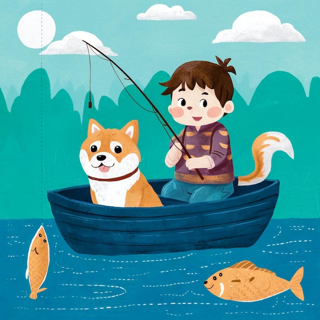 una pintura de un niño y un perro en un barco con peces