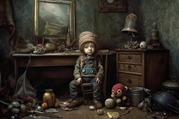 Una pintura de un niño sentado en una habitación desordenada con una pintura de un niño con sombrero.