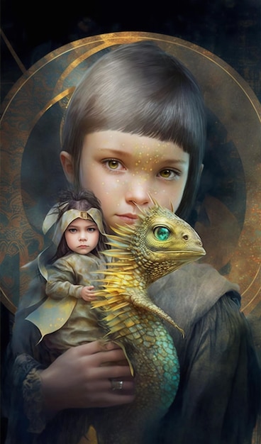 Una pintura de un niño sosteniendo un dragón.