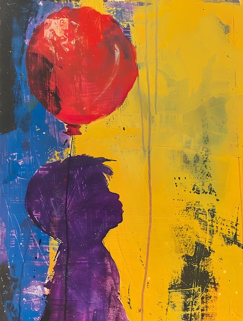 Una pintura de un niño sosteniendo un globo rojo