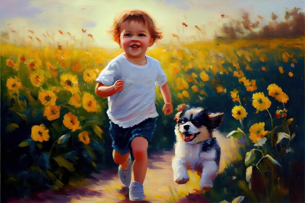 Foto una pintura de un niño y su perro en un campo de flores.