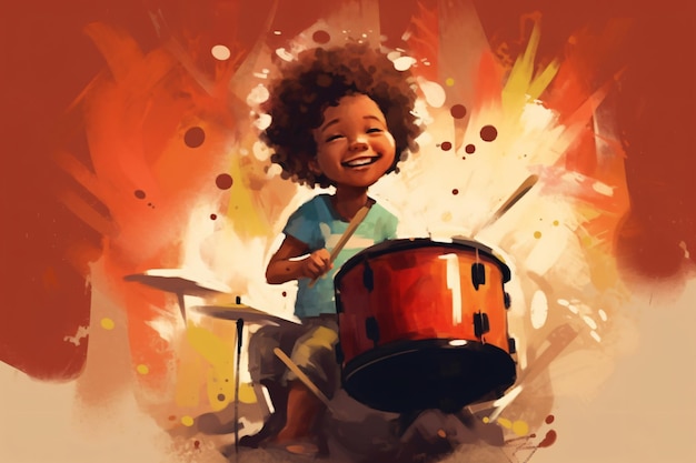 Una pintura de un niño tocando un conjunto de tambores