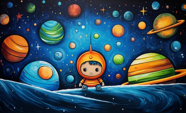 pintura de un niño en un traje espacial frente a los planetas generativo ai