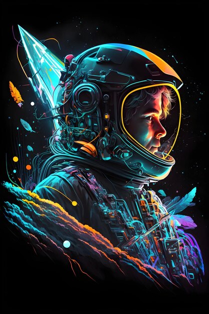 Una pintura de un niño usando un traje espacial con un fondo de color arcoíris.