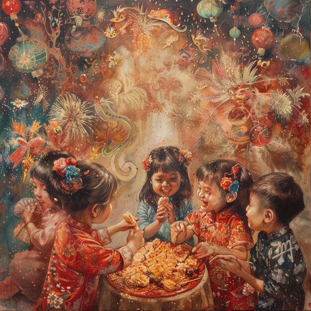 una pintura de niños con flores en la parte inferior