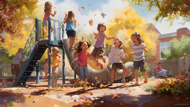 una pintura de niños jugando en un patio de recreo con una diapositiva y la palabra " la palabra " en ella.