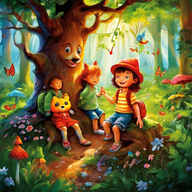 una pintura de niños sentados bajo un árbol con un personaje de dibujos animados y un gato