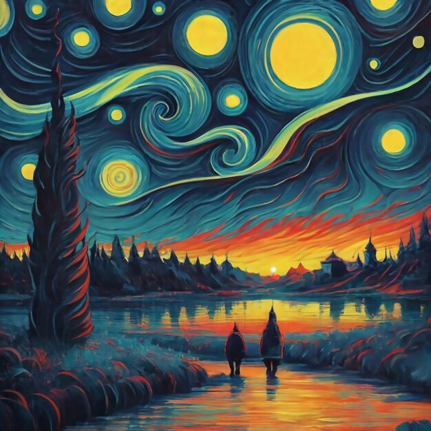 Pintura de la noche estrellada en acuarela