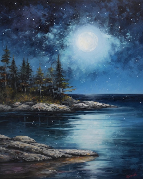 Una pintura de una noche estrellada con luna llena en el cielo.