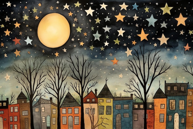 pintura nocturna estrellada de una fila de casas con una luna llena generativa ai