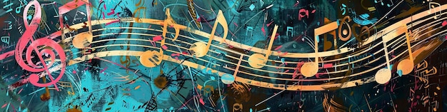 Pintura de notas musicales sobre un fondo azul