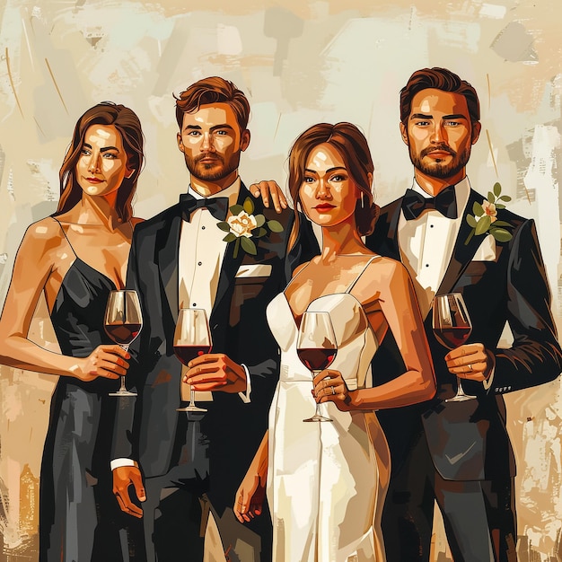 una pintura de una novia y un novio posando para una foto con un vaso de vino