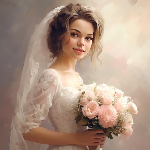 Una pintura de una novia con un ramo de flores.