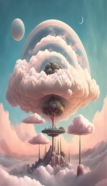 Una pintura de una nube con un árbol en ella