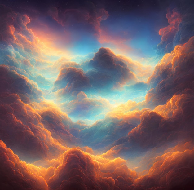 Una pintura de una nube con un cielo azul y nubes naranjas.