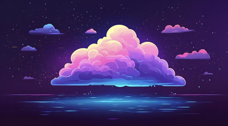 una pintura de una nube con nubes púrpuras y rosas en el fondo