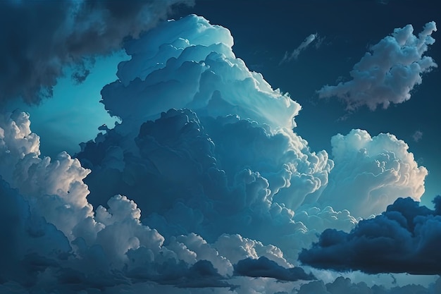 Una pintura de una nube de tormenta con un cielo azul.