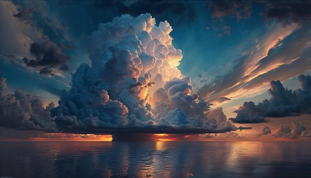 Una pintura de una nube de tormenta sobre el océano.