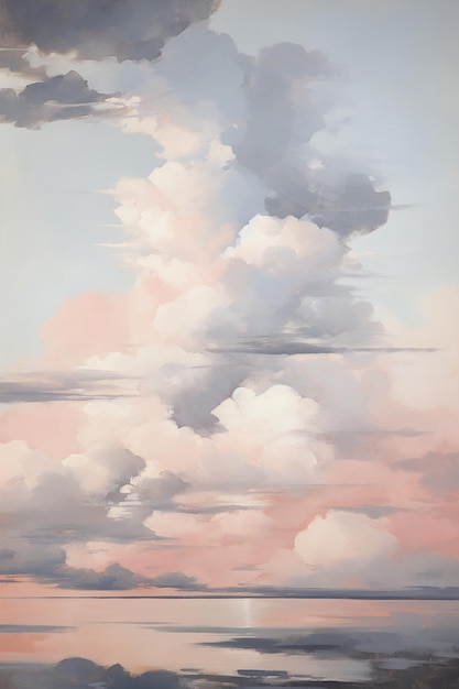 una pintura de nubes con un cielo rosa y naranja en el fondo