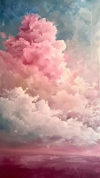 Una pintura de nubes de cumulus magenta contra un cielo azul