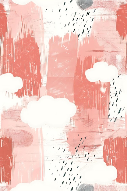 una pintura de nubes y nubes con un fondo rosa