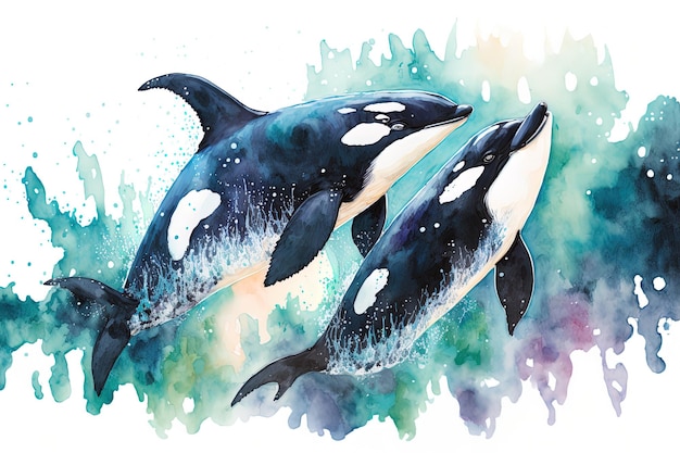 Pintura oceânica de duas baleias assassinas em aquarela