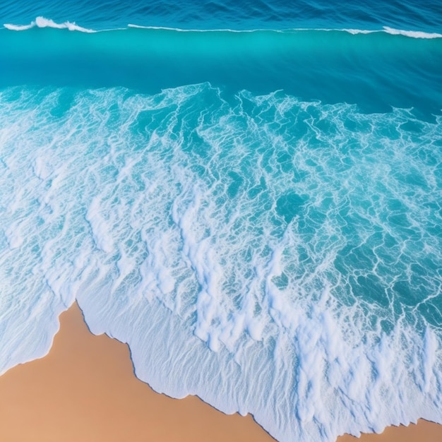 Una pintura de un océano azul con olas en la arena.