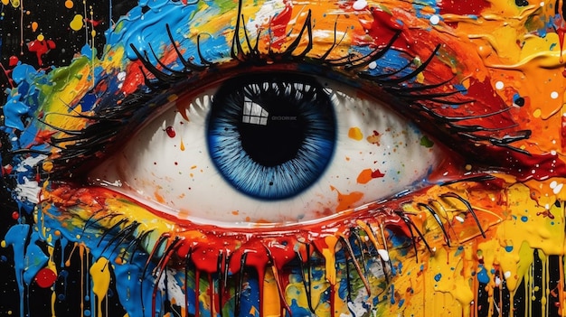 Foto pintura de un ojo azul con salpicaduras de pintura multicolor ai generativo