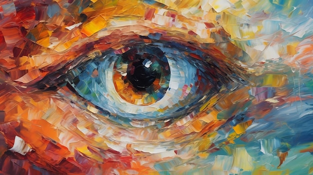 Una pintura de un ojo con un ojo amarillo y un ojo azul.