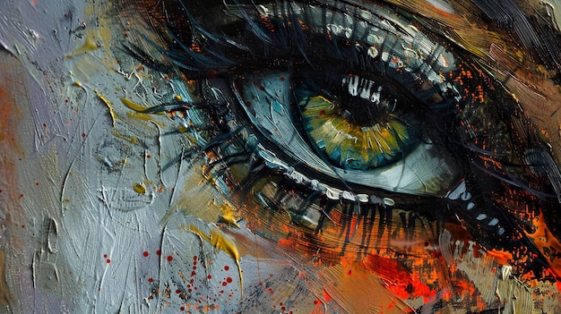 una pintura de un ojo con un ojo azul y un ojo amarillo y verde