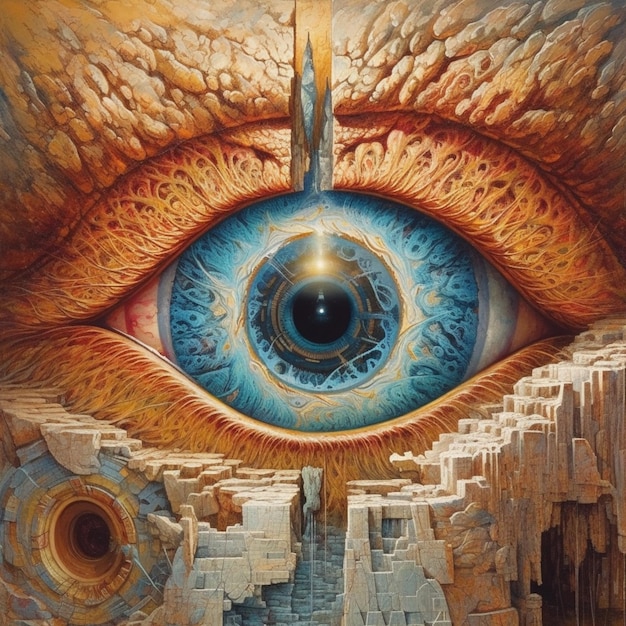 Una pintura de un ojo con un ojo azul y la palabra ojo en él.