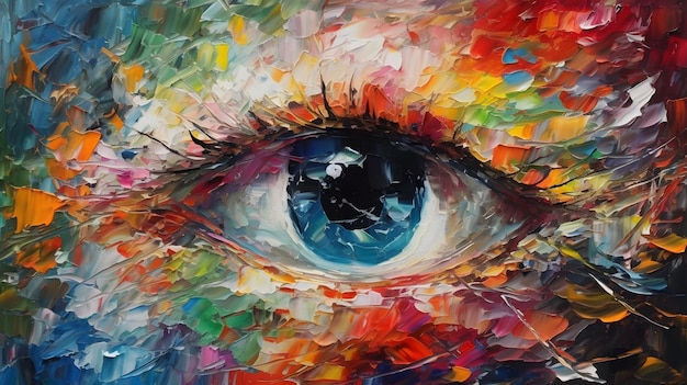 Una pintura de un ojo con un ojo azul y la palabra ojo en él.