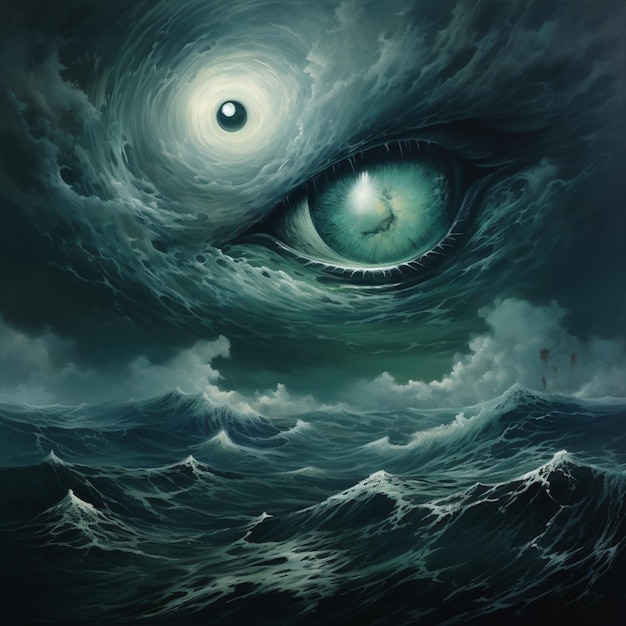 Foto pintura de un ojo verde en un mar tormentoso con un faro en el fondo generativo ai