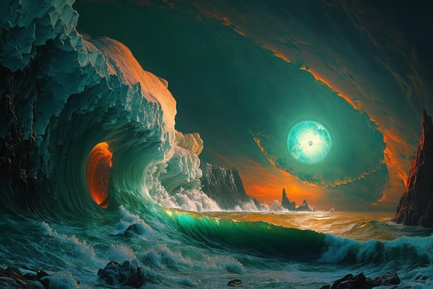 Pintura de una ola chocando contra una cueva en ai generativo