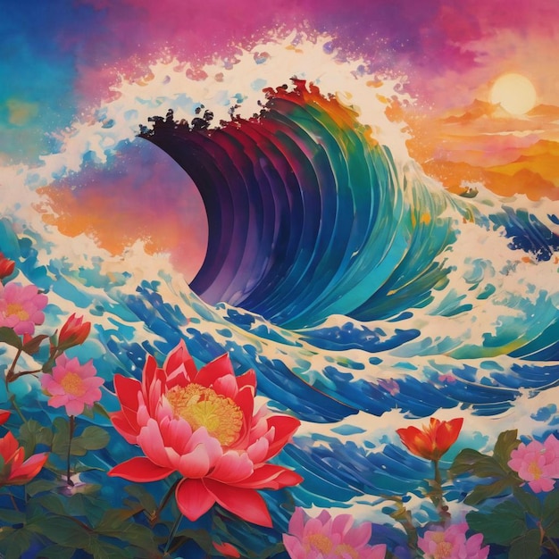 Una pintura de una ola con flores de rosa y loto