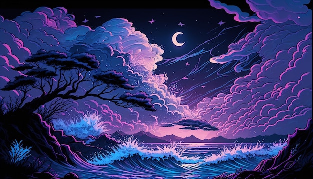 Una pintura de una ola y la luna.