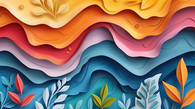 una pintura de una ola y el océano con los colores del mar Ilustración de primavera de estilo corte de papel de dibujos animados
