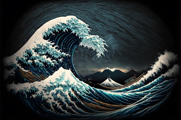 Una pintura de una ola con las palabras "la gran ola" en ella.