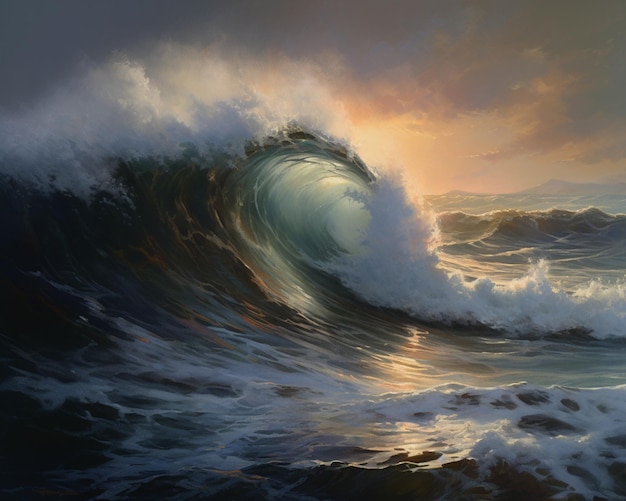 Una pintura de una ola con la puesta de sol detrás de ella.