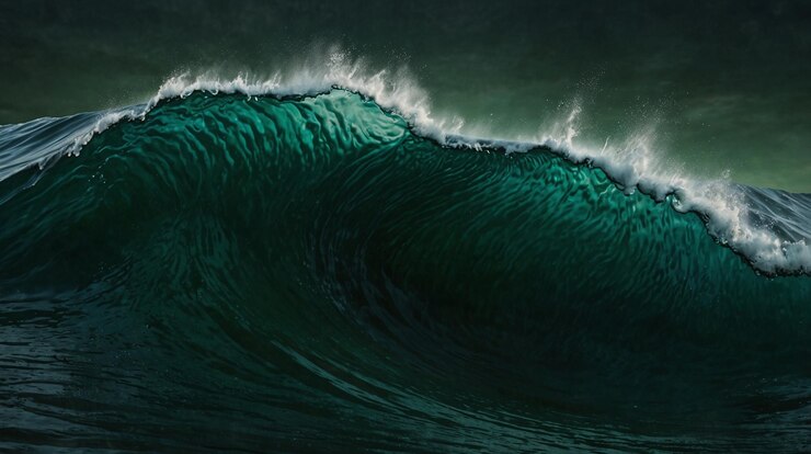 una pintura de una ola que es verde y azul