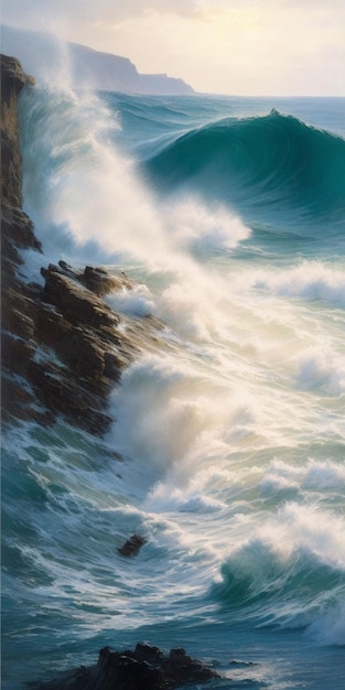 Una pintura de una ola rompiendo contra un acantilado