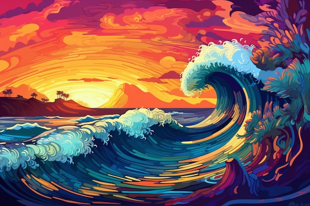 Pintura de una ola rompiendo en la playa al atardecer generativo ai