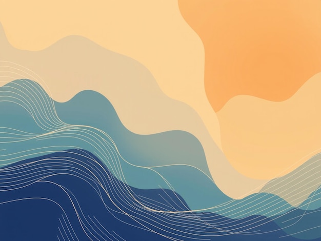 una pintura de olas y un atardecer con un fondo azul y naranja