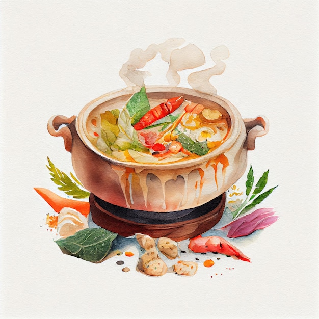 Una pintura de una olla de sopa con verduras y hierbas.