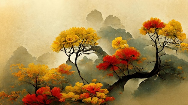 Pintura oriental china y japonesa con textura dorada Representación 3D dorada. Ilustración de trama