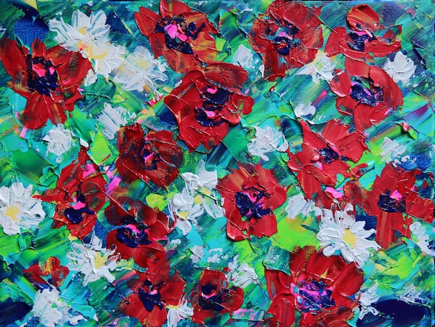 Pintura original da arte com flores vermelhas e brancas.