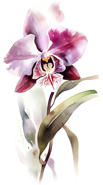 una pintura de una orquídea púrpura con un fondo blanco.