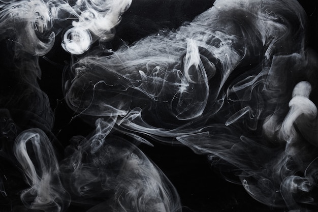 Pintura oscura abstracta en el fondo del agua. Movimiento de nube de humo blanco sobre negro, salpicaduras de remolino de tinta acrílica